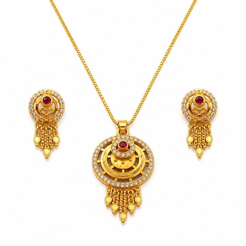 Royal Ruby CZ Circular Tassel Pendant Necklace Set with Matching Earrings for Women