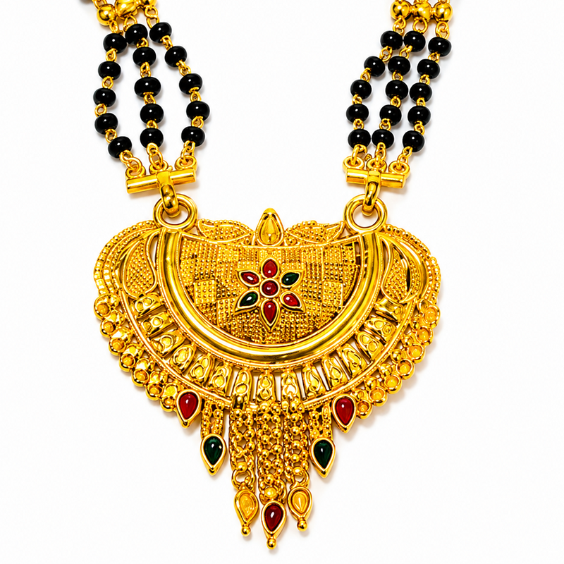 Traditional Bridal Mangalsutra Necklace with Black Beads and Ornate Pendant