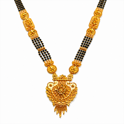 Traditional Black Bead Mangalsutra for Women with Intricate Floral Temple-Style