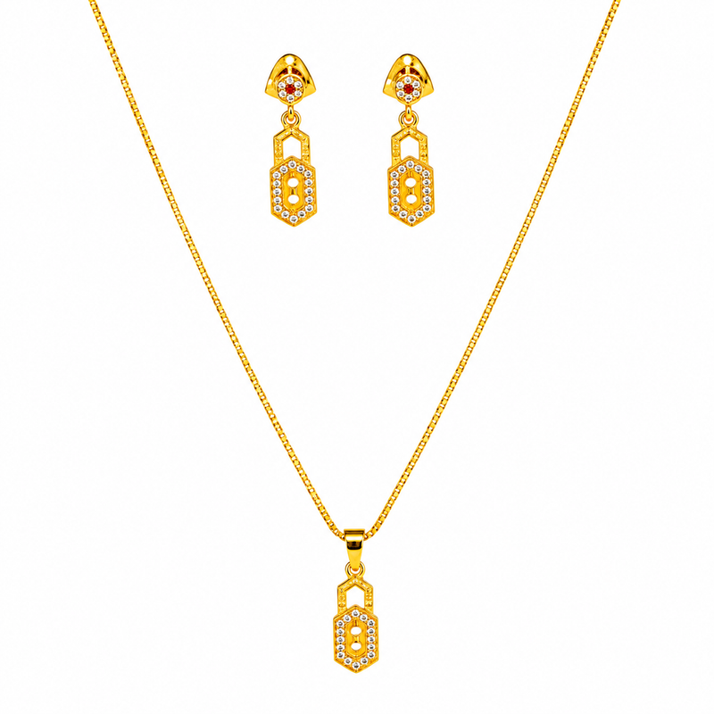 Elegant Geometric CZ Pendant Necklace Set with Matching Drop Earrings for Women