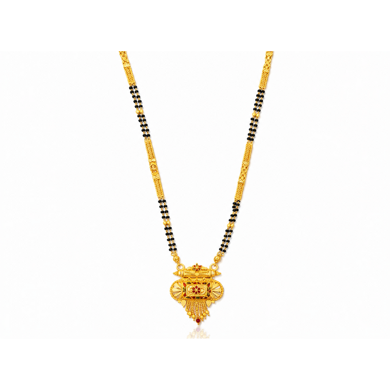 NXGOLD Traditional Multi-Strand Black Bead Mangalsutra with Antique Barrel Pendant