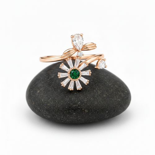 NXGOLD Luxury 360° Rotating Daisy Ring with Emerald Green Stone