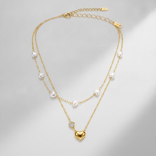 Golden Heart & Pearl Double Layer Necklace for Women