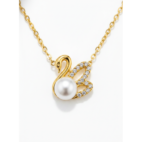 Graceful Swan Pearl Necklace with Sparkling CZ Stones