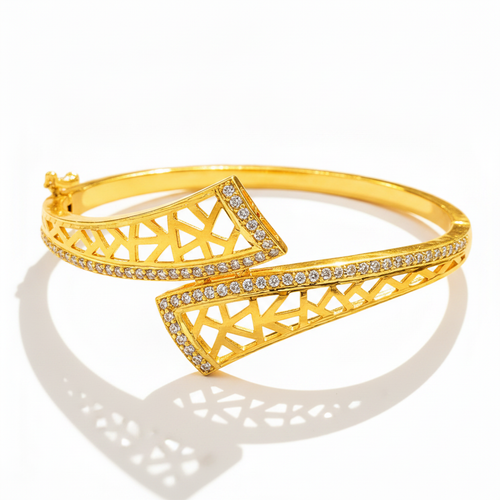 Luxury Geometric Lattice CZ Open Kada Bracelet for Women