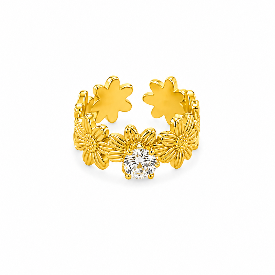 Luxury Flower Blossom Adjustable Ring with Sparkling CZ for Women
