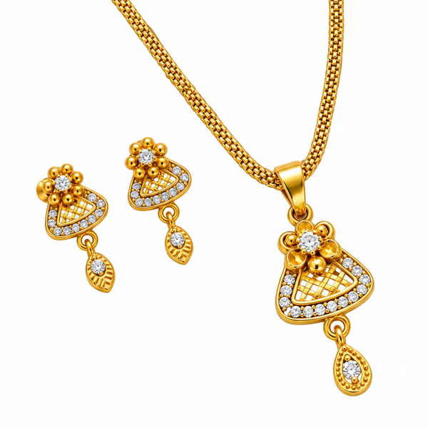 Elegant Floral CZ Pendant Necklace & Matching Drop Earrings Set for Women