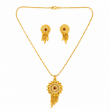 Traditional Ruby CZ Sunburst Pendant Necklace Set with Tassel Earrings for Women