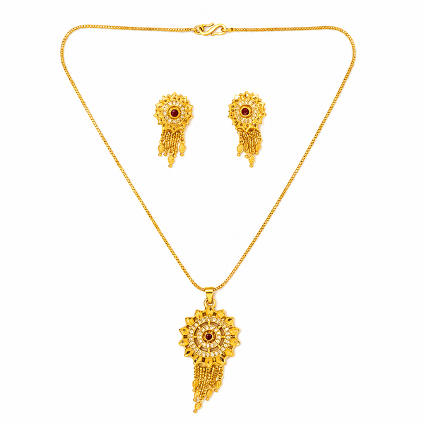 Traditional Ruby CZ Sunburst Pendant Necklace Set with Tassel Earrings for Women