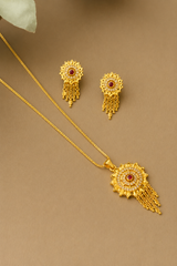 Traditional Ruby CZ Sunburst Pendant Necklace Set with Tassel Earrings for Women