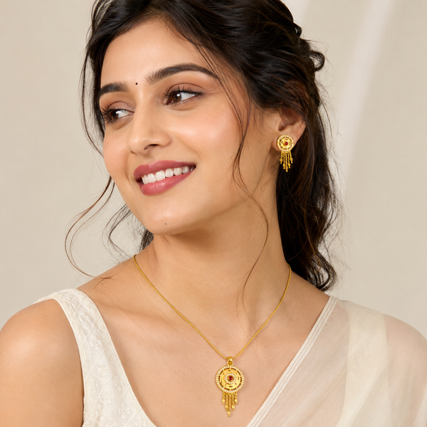 Royal Ruby CZ Circular Pendant Necklace Set with Matching Earrings for Women