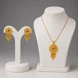 Traditional Ruby CZ Sunburst Pendant Necklace Set with Tassel Earrings for Women