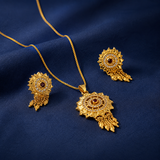 Traditional Ruby CZ Sunburst Pendant Necklace Set with Tassel Earrings for Women