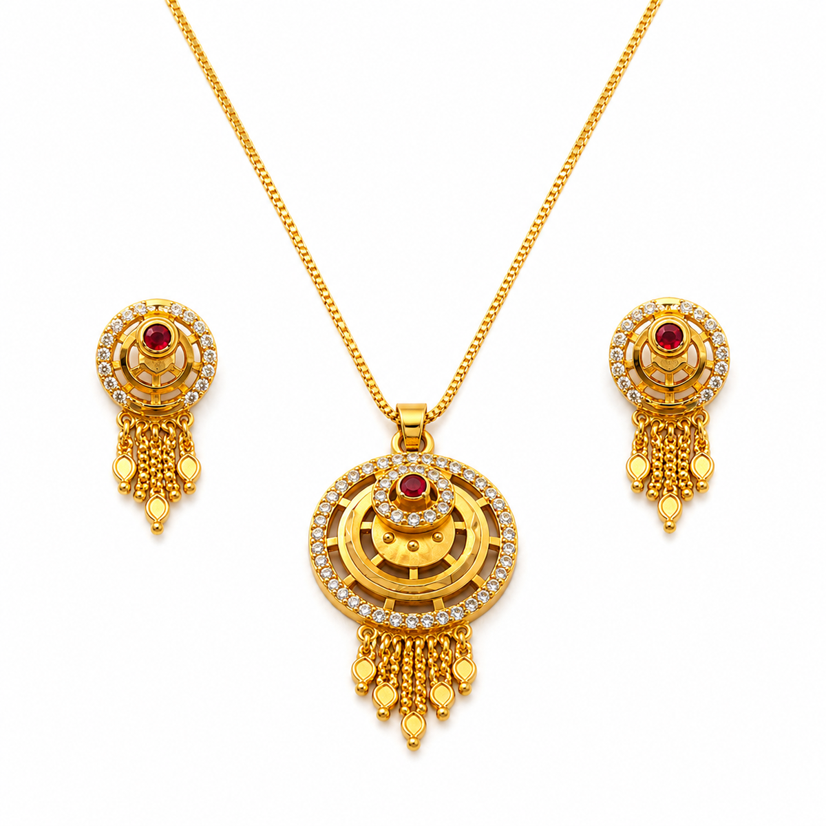 Royal Ruby CZ Circular Tassel Pendant Necklace Set with Matching Earrings for Women
