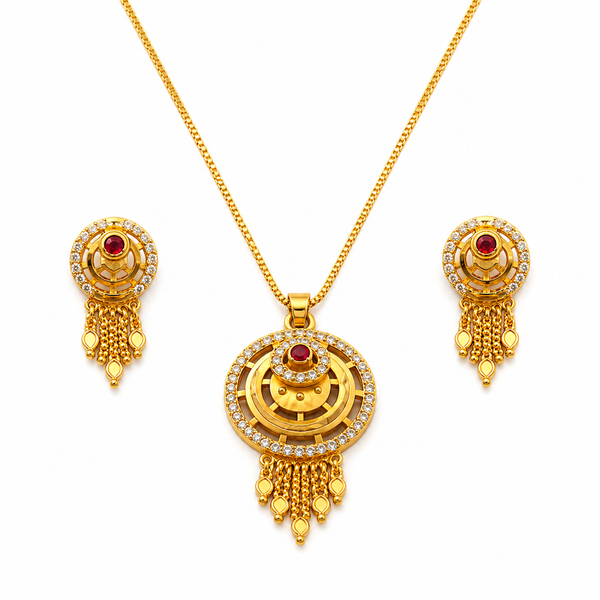 Royal Ruby CZ Circular Tassel Pendant Necklace Set with Matching Earrings for Women
