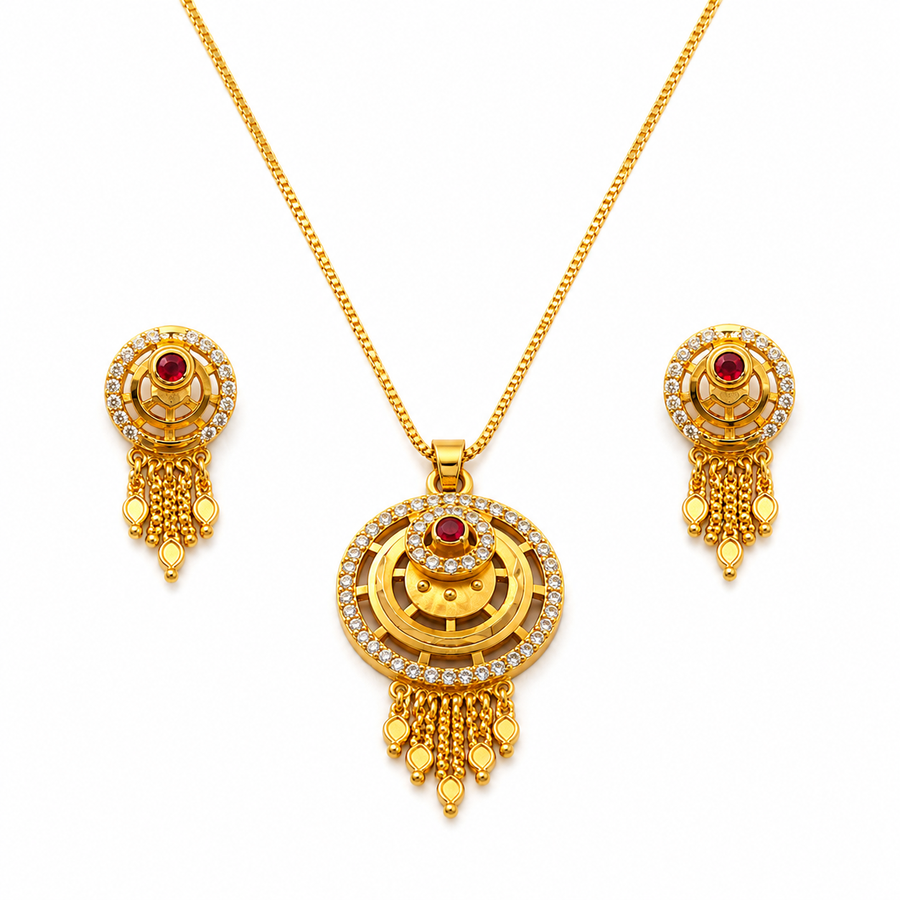 Royal Ruby CZ Circular Tassel Pendant Necklace Set with Matching Earrings for Women