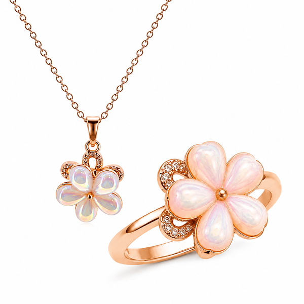 Elegant Rose Gold Opal Floral Pendant Necklace with Matching Ring Combo Set for Women
