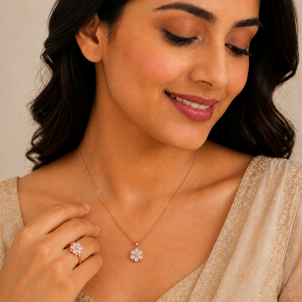 Elegant Rose Gold Opal Floral Pendant Necklace with Matching Ring Combo Set for Women