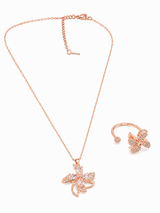 Elegant Rose Gold Crystal Floral Pendant Necklace with Matching Ring Combo Set for Women