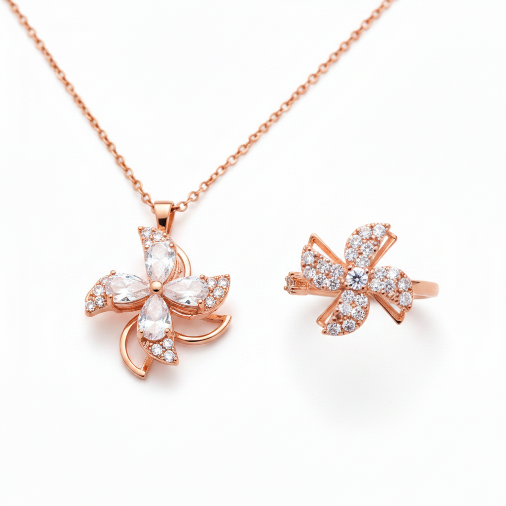 Elegant Rose Gold Crystal Floral Pendant Necklace with Matching Ring Combo Set for Women