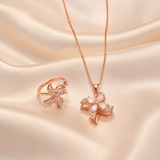 Elegant Rose Gold Crystal Floral Pendant Necklace with Matching Ring Combo Set for Women