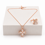 Elegant Rose Gold Crystal Floral Pendant Necklace with Matching Ring Combo Set for Women