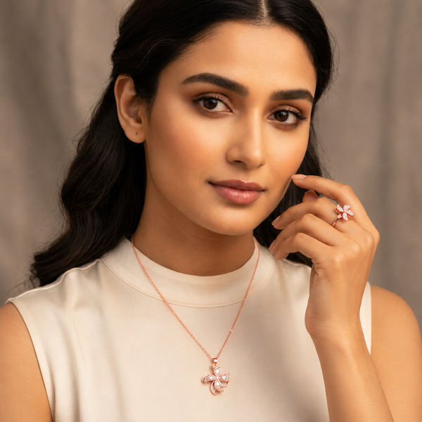 Elegant Rose Gold Crystal Floral Pendant Necklace with Matching Ring Combo Set for Women