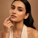 Elegant Rose Gold Crystal Floral Pendant Necklace with Matching Ring Combo Set for Women