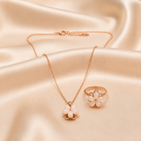 Elegant Rose Gold Opal Floral Pendant Necklace with Matching Ring Combo Set for Women