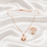 Elegant Rose Gold Opal Floral Pendant Necklace with Matching Ring Combo Set for Women