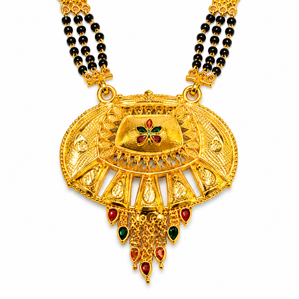 Traditional Black Bead Mangalsutra with Antique Floral Designer Pendant for Women
