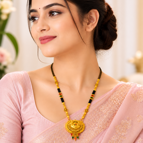 Traditional Black Bead Mangalsutra with Antique Round Multicolor Designer Pendant for Women