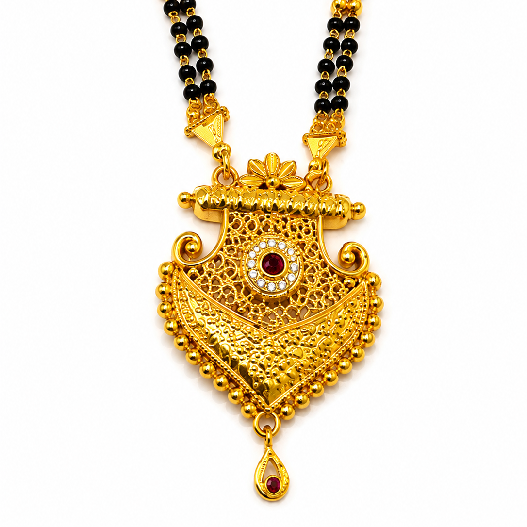 Traditional Long Black Bead Mangalsutra Necklace with Intricate Designer Pendant for Women