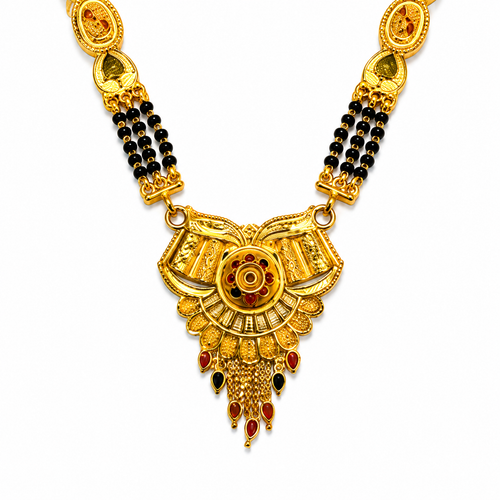 Traditional Long Black Bead Mangalsutra with Antique Floral Designer Pendant for Women