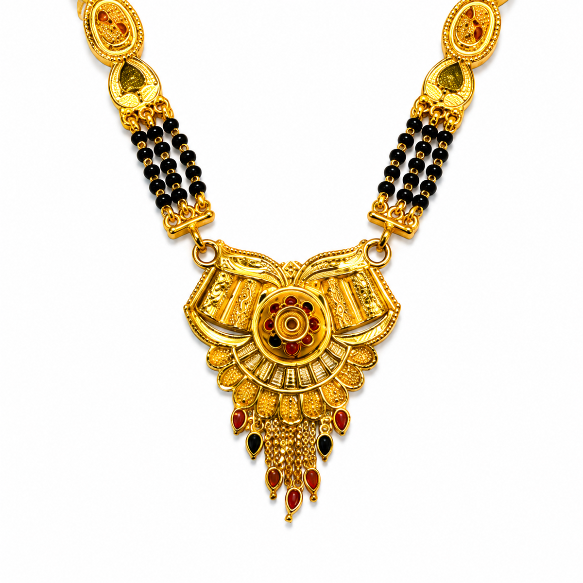 Traditional Long Black Bead Mangalsutra with Antique Floral Designer Pendant for Women