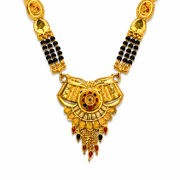 Traditional Long Black Bead Mangalsutra with Antique Floral Designer Pendant for Women