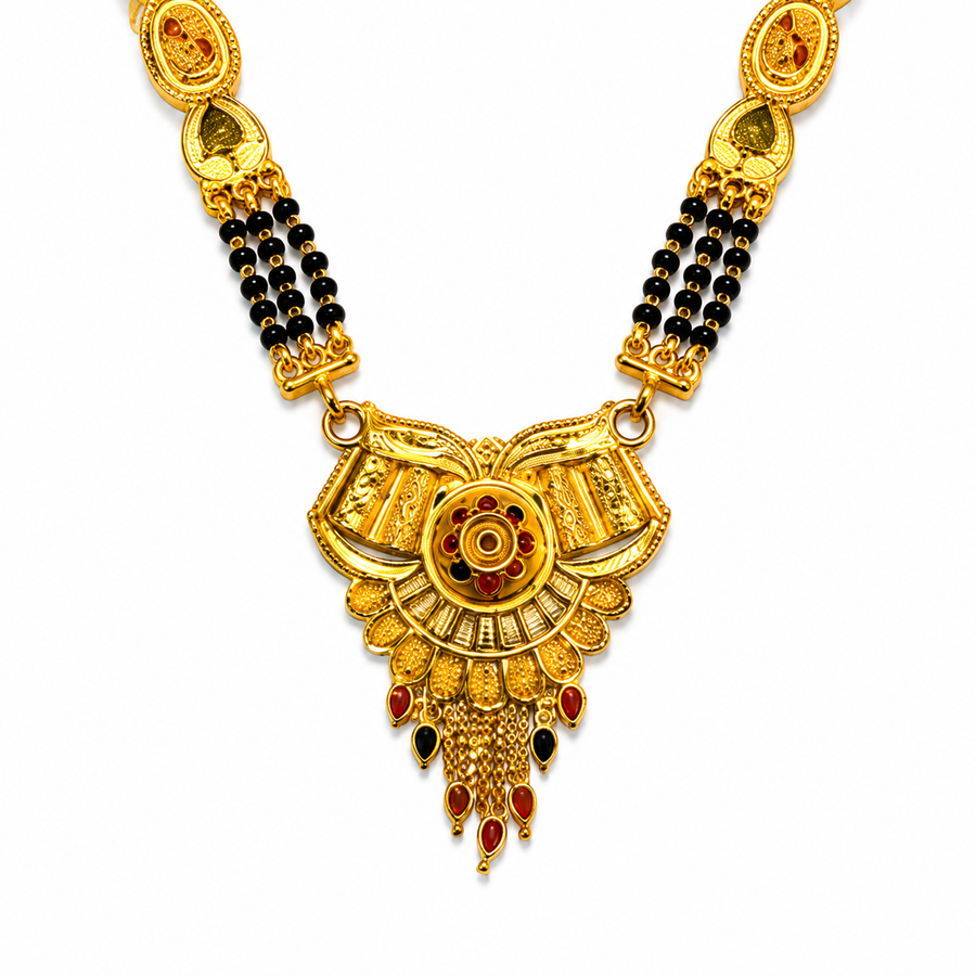 Traditional Long Black Bead Mangalsutra with Antique Floral Designer Pendant for Women