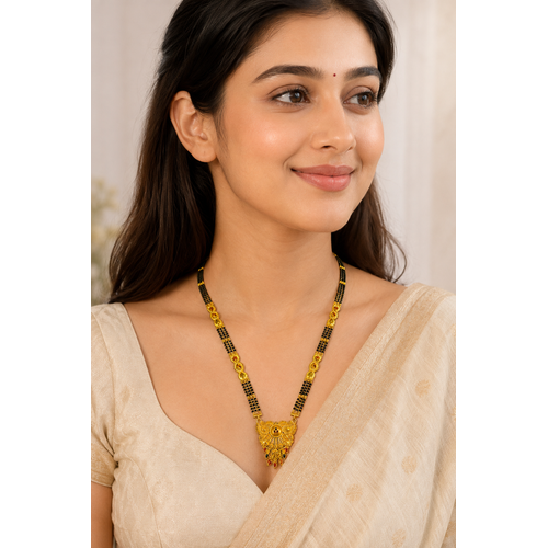 Traditional Long Black Bead Mangalsutra for Women with Royal Antique Designer