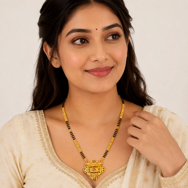 Traditional Long Black Bead Mangalsutra for Women with Intricate Heritage Designer