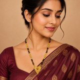 Traditional Long Black Bead Mangalsutra with Antique Floral Designer Pendant for Women