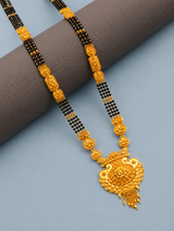Traditional Black Bead Mangalsutra for Women with Intricate Floral Temple-Style