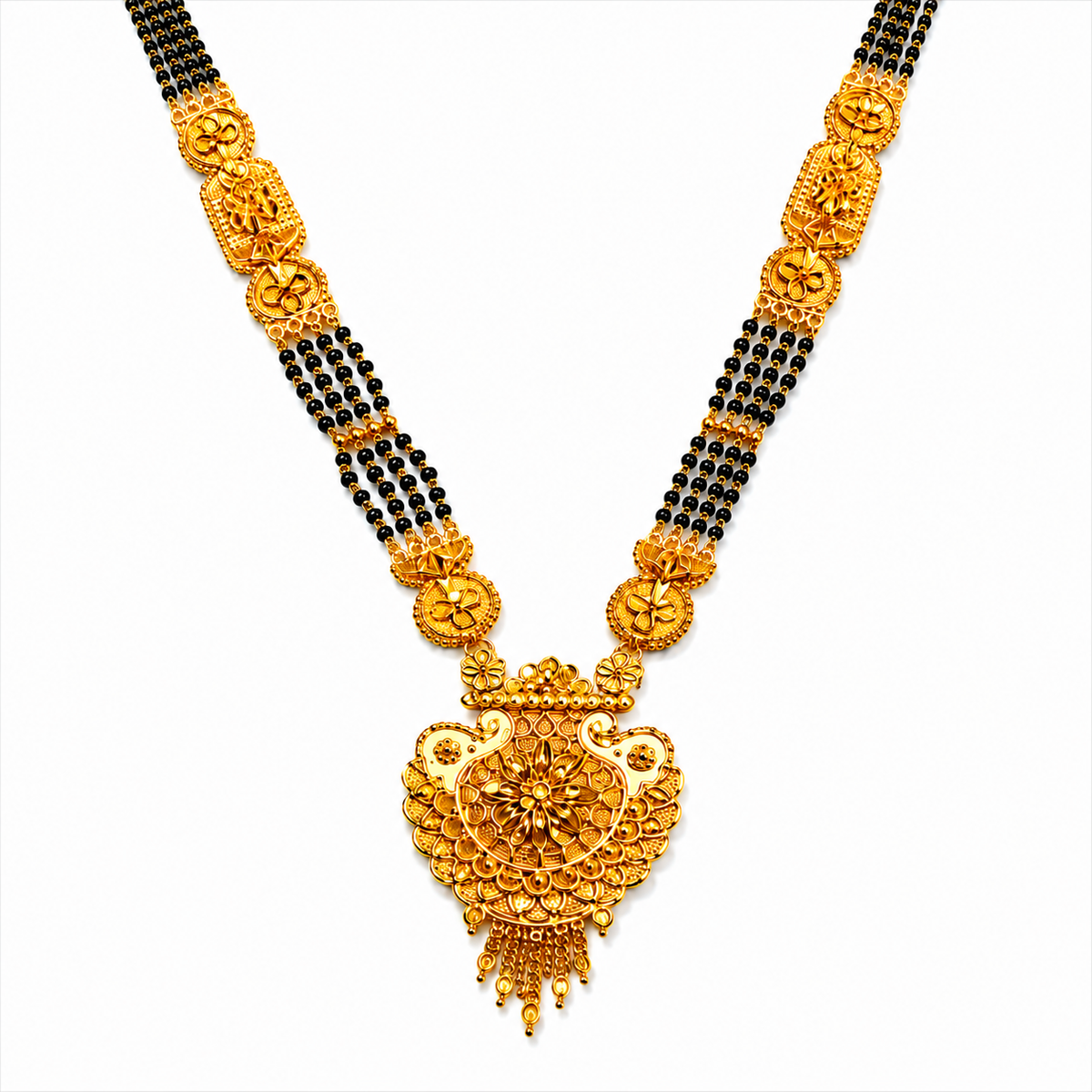Traditional Black Bead Mangalsutra for Women with Intricate Floral Temple-Style