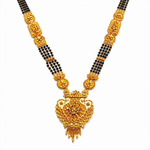 Traditional Black Bead Mangalsutra for Women with Intricate Floral Temple-Style