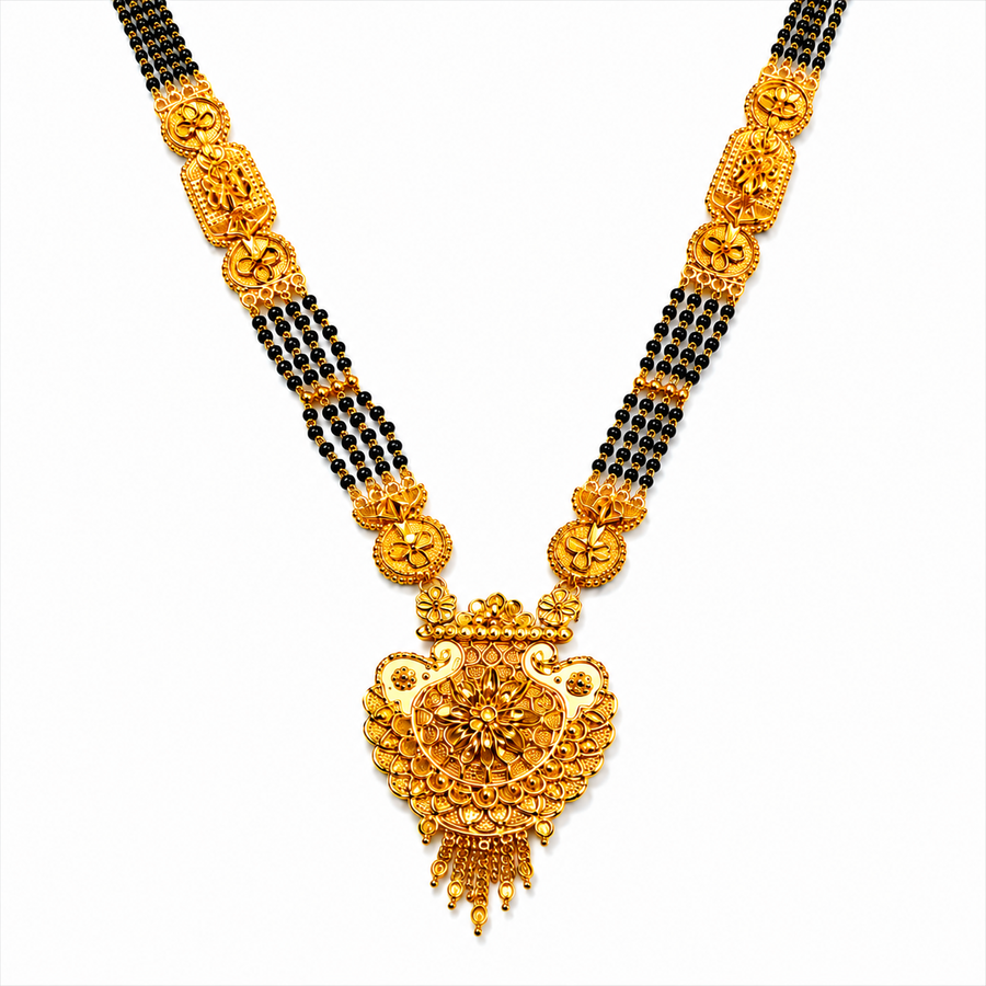 Traditional Black Bead Mangalsutra for Women with Intricate Floral Temple-Style
