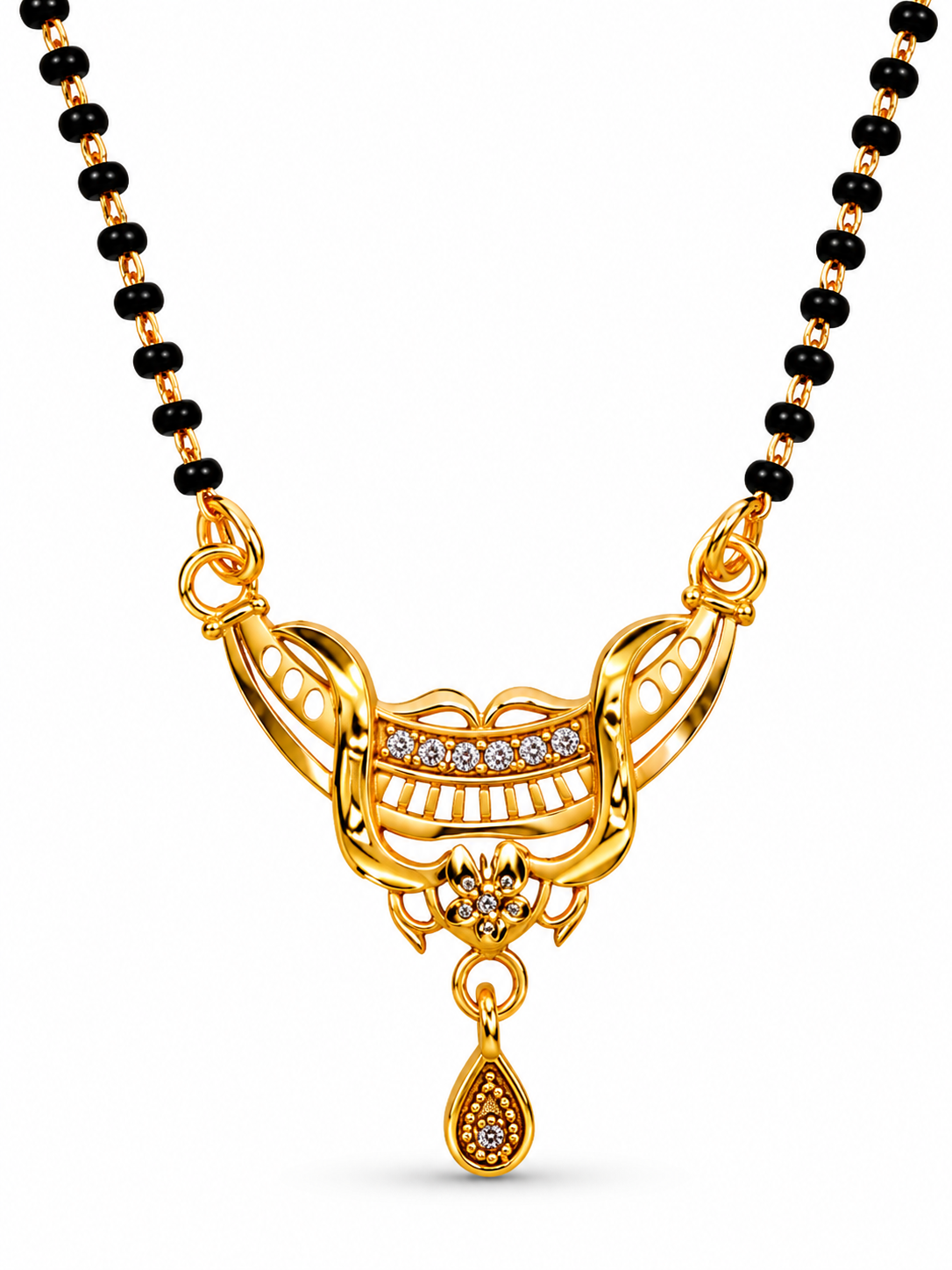 Women's Traditional Black Bead Mangalsutra with CZ Stone Pendant
