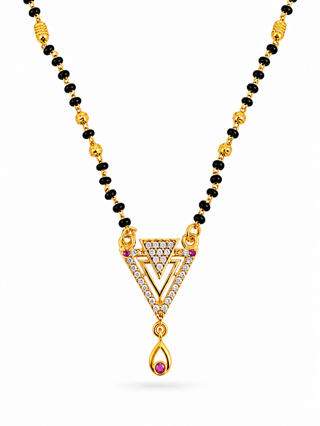 Designer Triangle CZ Stone Mangalsutra with Ruby Drop Pendant for Women