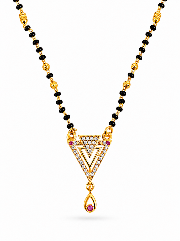 Designer Triangle CZ Stone Mangalsutra with Ruby Drop Pendant for Women