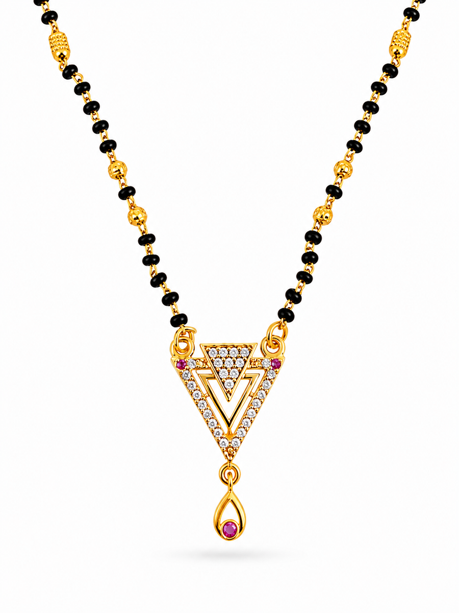 Designer Triangle CZ Stone Mangalsutra with Ruby Drop Pendant for Women