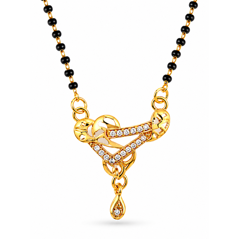 Premium CZ Triangle Pendant Mangalsutra with Black Beads Necklace