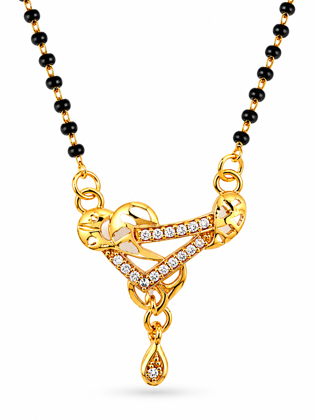 Premium CZ Triangle Pendant Mangalsutra with Black Beads Necklace